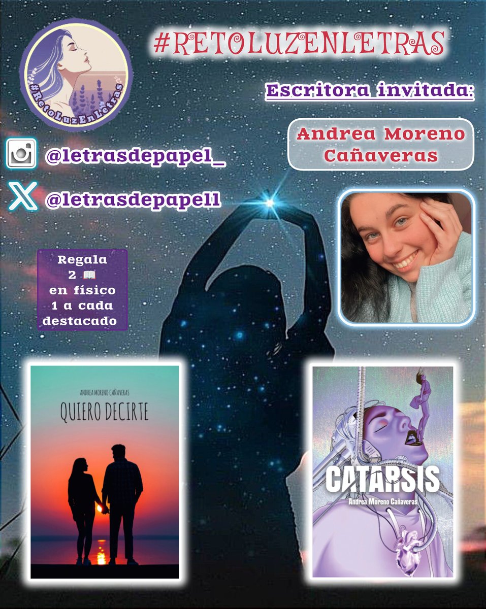 ✨#RetoLuzEnLetras 🪻@Luztintalavanda Escritora invitada: @letrasdepapell 📚Quiero decirte/CATARSIS instagram.com/letrasdepapel_… Andrea Moreno ✍🏼Poesía-Prosa-Relato ➡️QUIERO DECIRTE/CATARSIS 💡Ortografía-Lenguaje-Puntuación ✳️Sin límite post 🎖Andrea regala 📕📘 ⌛FIN 1/5-🇪🇦23:59🌃