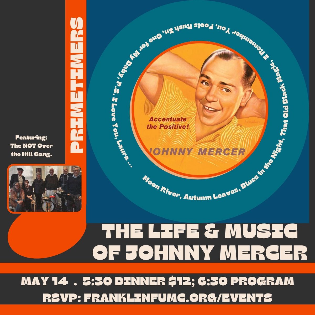 🎶 Let's travel back in time and groove to the timeless tunes of Johnny Mercer at Primetimers in May! From 'Moon River' to 'That Old Black Magic', his music always brings the joy of yesteryears. Join us for a toe-tapping good time! 🎵✨ #JohnnyMercer #Primetimers #GoldenOldies'