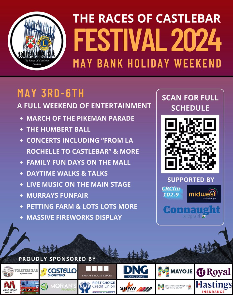 Castlebar the place to be this May Bank Holiday.
History, family fun. music, walks & talks, fireworks and a choice of pubs and restaurants. Not to be missed.

#castlebar #mayo #castlebarmayo #racesofcastlebar #history #castlebarraces #lionsclubs #1798rebelion