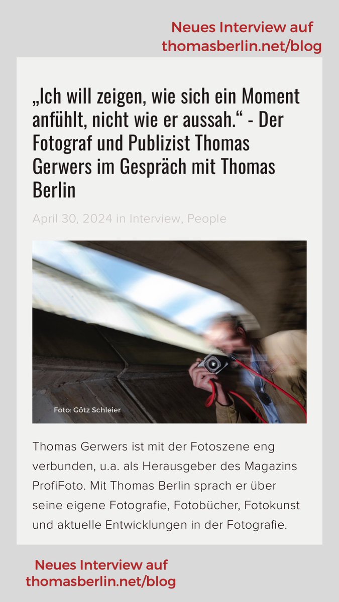 Interview mit Thomas Gerwers, Fotograf und Herausgeber des ProfiFoto Magazin: thomasberlin.net/blog/2024/thom…  Wir sprachen über seine eigene Fotografie und spannende Entwicklungen in der Fotoszene. #photographer #profifoto #interview #thomasgerwers <a href="/DGPh/">DGPh</a> <a href="/ProfiFotoDE/">Magazin ProfiFoto</a>