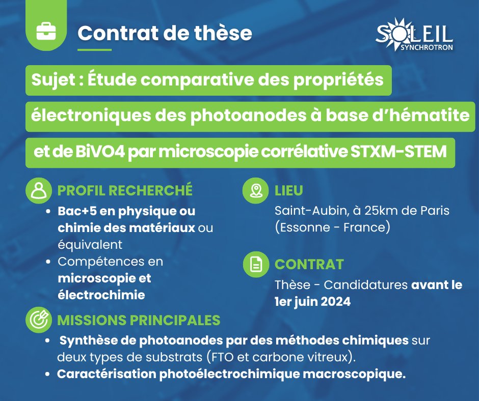 #Contratsdethèse (suite) 💼 
🔆These 2. Étude comparative des propriétés électroniques des photoanodes à base d’hématite et de BiVO4 par microscopie corrélative STXM-STEM operando, pendant la réaction de photoélectrolyse. #HERMES_Beamline 
Infos👉synchrotron-soleil.fr/fr/emplois/the…