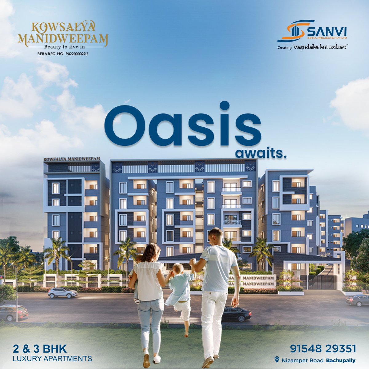 Our apartments are so luxurious, they will feel like a summer oasis giving the comfort you seek.
#sanviinfra #kowsalyamanidweepam #Nizampet #Bachupally #home #property #2and3bhkflats #2and3BHKApartments #2BHKApartments #3bhkapartments #luxuryapartments #ApartmentStyle