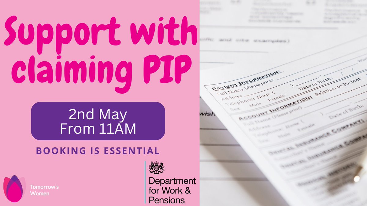 Do you need support with claiming PIP? DWP will be coming in to #tomorrowswomenwirral on Thursday to offer support with filling out PIP forms. Booking is essential, visit reception or call us to book your place #PIPforms #PIPsupport #supportforwomen #womensupportingwomen