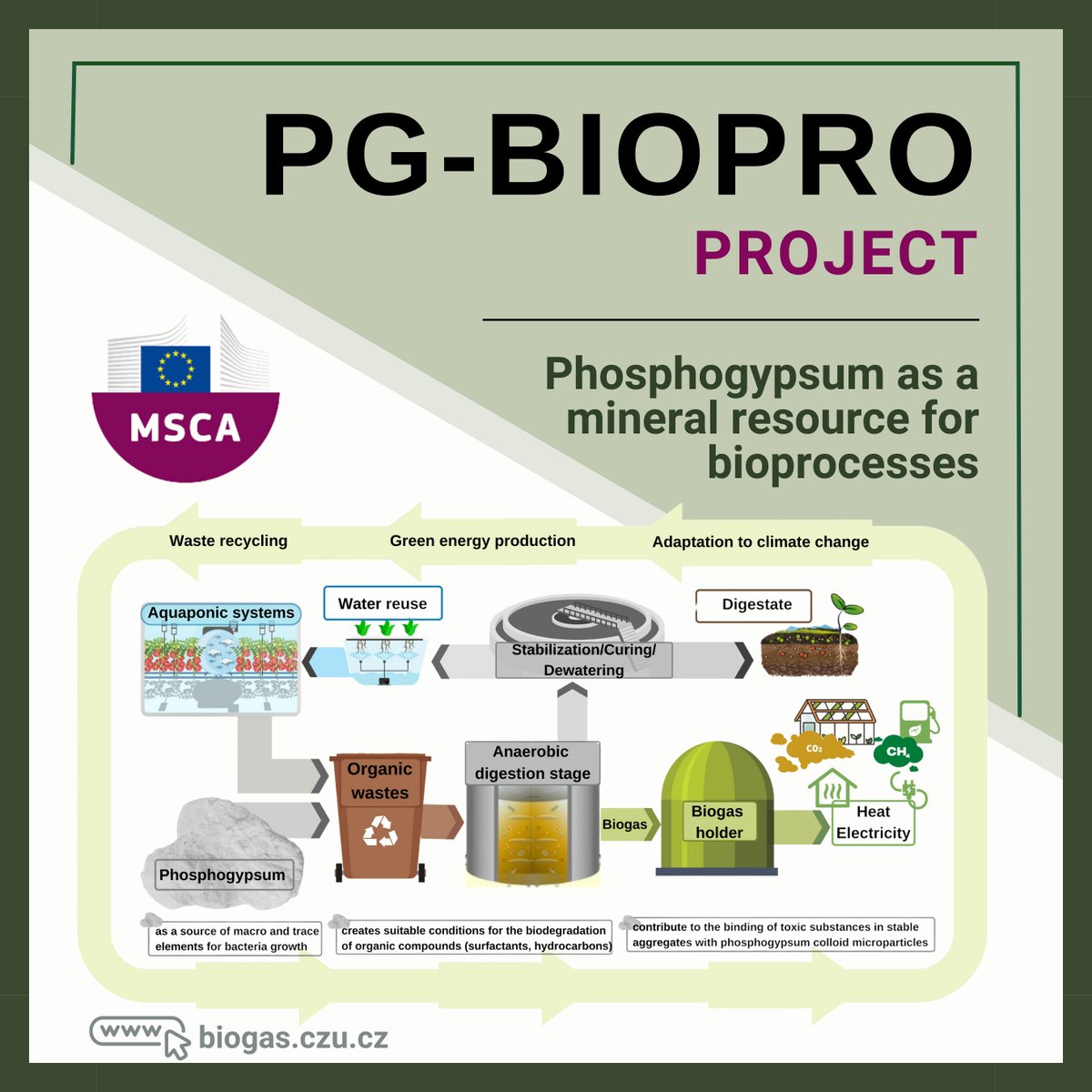 Introducing project: PG-BIOPRO💡

🔬Led by Assoc. Prof. Dr. @YelizavetaCher1, under the @EU_Commission MSCA Postdoctoral Fellowship, focusing on utilizing #phosphogypsum as a valuable mineral resource for #bioprocesses.

🌐buff.ly/3w4X8et
#BiogasResearchTeam #PGBIOPRO