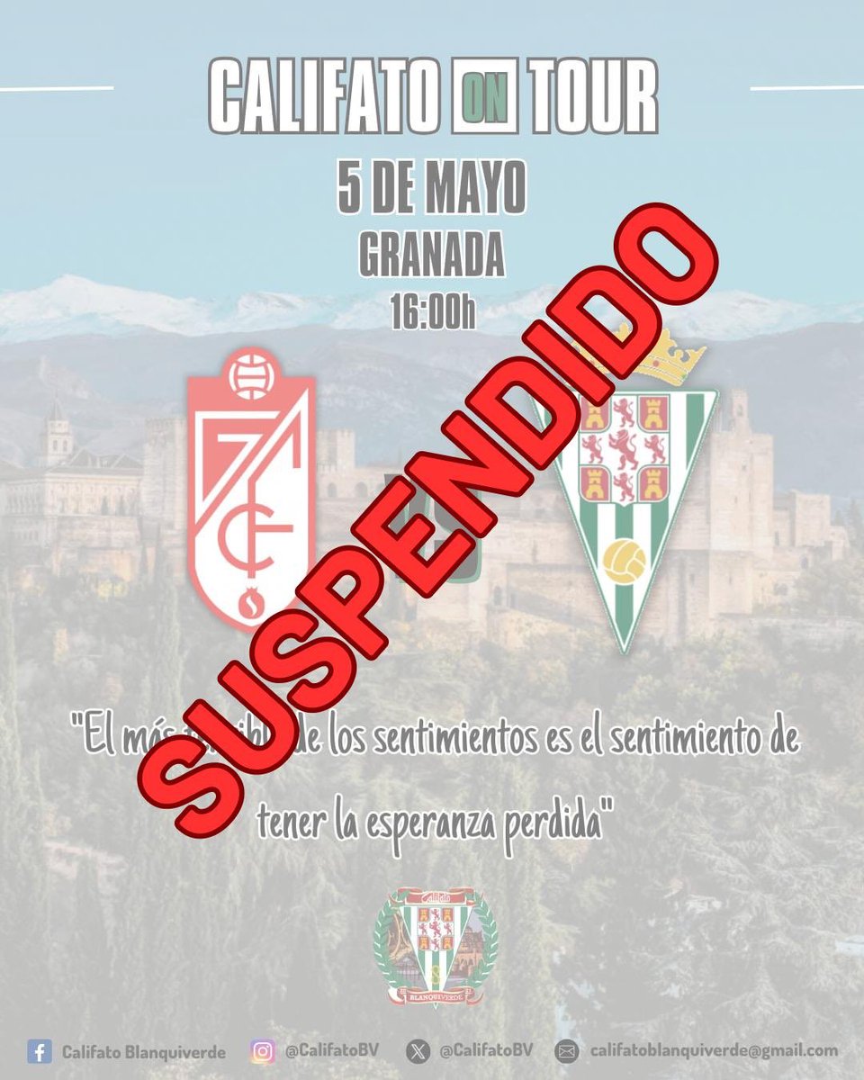 🚨 𝗖𝗢𝗠𝗨𝗡𝗜𝗖𝗔𝗗𝗢 𝗢𝗙𝗜𝗖𝗜𝗔𝗟

#CalifatoBlanquiverde 𝗦𝗨𝗦𝗣𝗘𝗡𝗗𝗘 el desplazamiento a Granada con motivo del #RecreGranadaCórdoba ante el ABUSIVO PRECIO de la entrada de 𝟮𝟱 𝗲𝘂𝗿𝗼𝘀 establecido por el club nazarí.