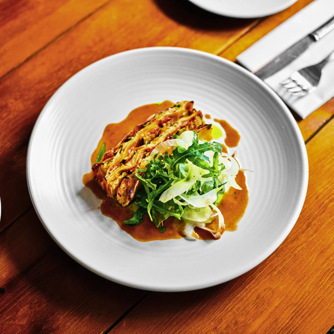 Lasagne of crab, courgette & tomato, shaved fennel & rocket. New to our May menu.