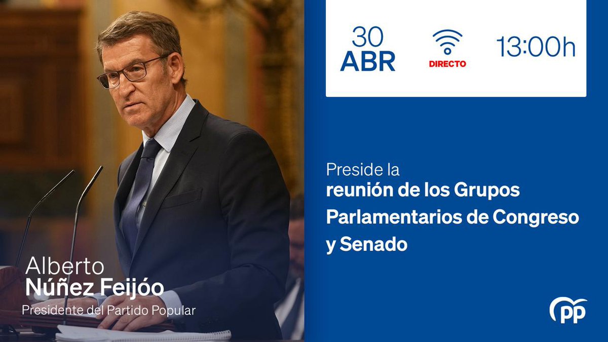 🔵 A partir de las 13:00h., @NunezFeijoo preside la reunión de los Grupos Parlamentarios de Congreso y Senado. 📡 Síguelo #ENDIRECTO a través del siguiente enlace: youtube.com/live/z8kGbIRlE…