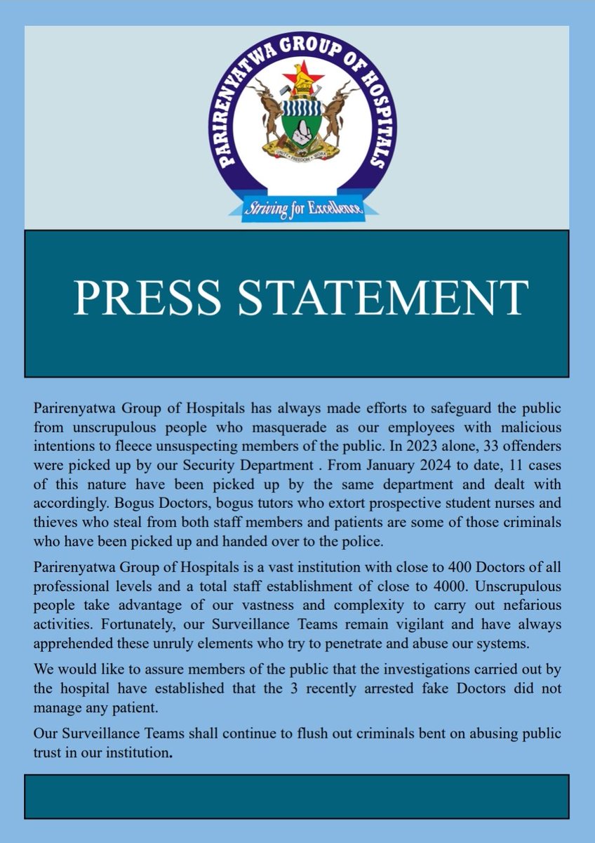 🚨Pari Groups of Hospitals (@PGHZIM) says 11 cases of bogus doctors, tutors & thieves fleecing patients & students nurses dealt with so far this year In 2023, 33 bogus practitioners were arrested Pari says it employs over 400 doctors & 4k employees, criminals taking advantage