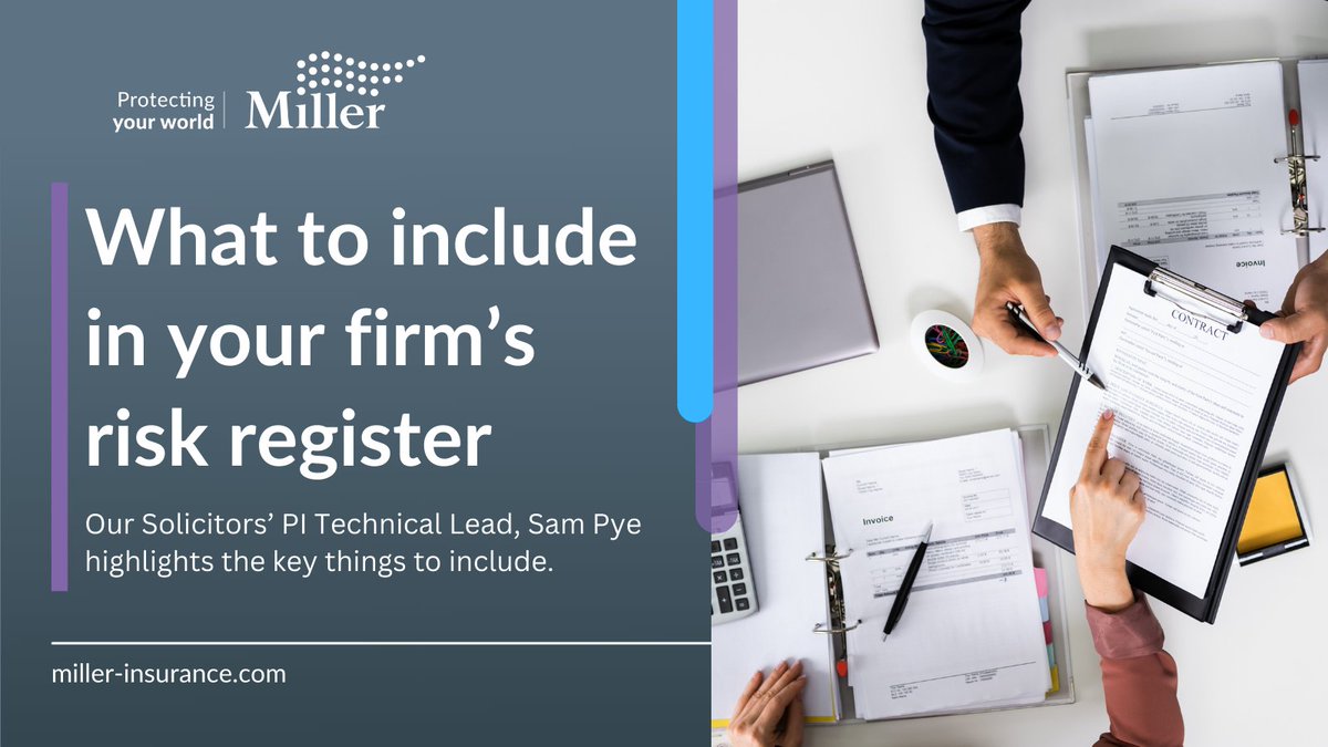 A risk register can act as a useful tool to help a law firm actively assess and manage the most significant risks for your business. Miller’s Solicitors’ PI Technical Lead, highlights the key things to include in a risk register: ➡️bit.ly/3QqTkLs #risk #register