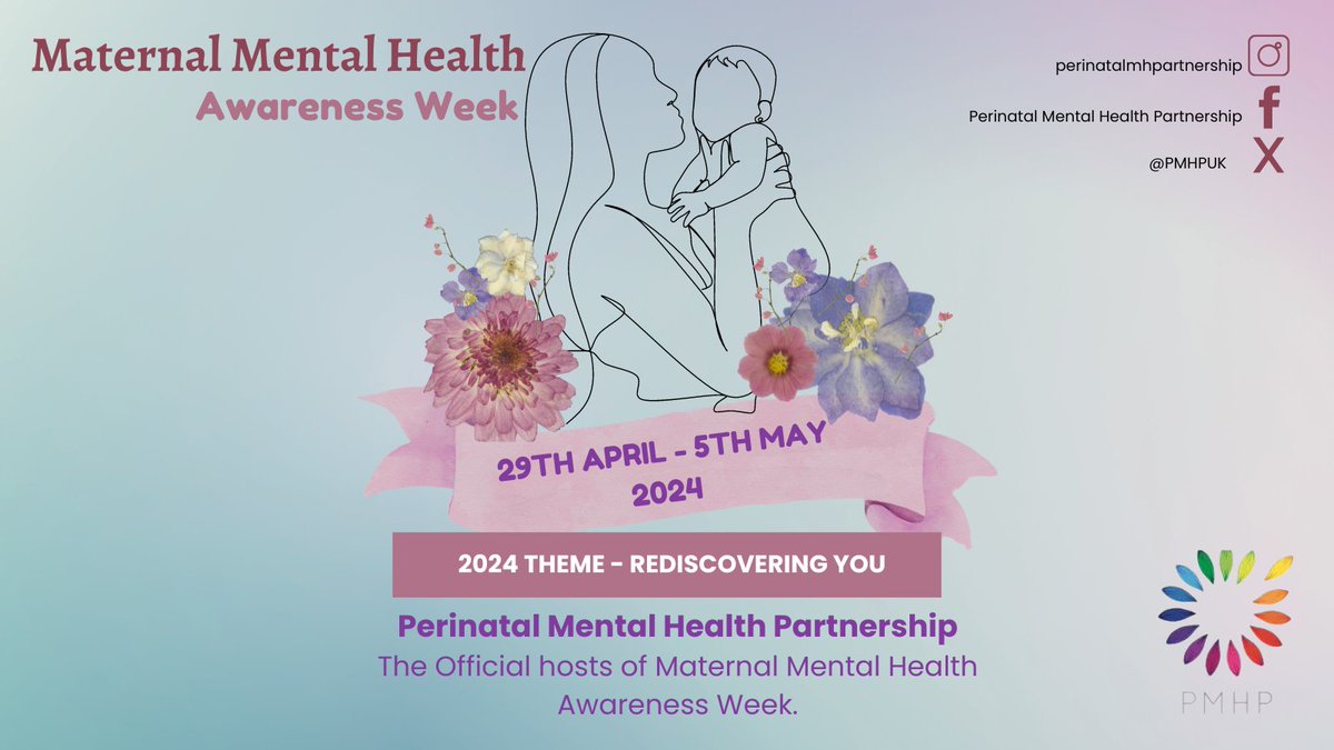 It's Maternal Mental Health Awareness Week this week, from 29th April - 5th May. 

The theme for 2024 is 'Rediscovering You'. The @PMHPUK have a programme of events that you can join. Find out more 🖱️bit.ly/4dmwG0K

#MaternalMentalHealthAwarenessWeek #MMHAW24