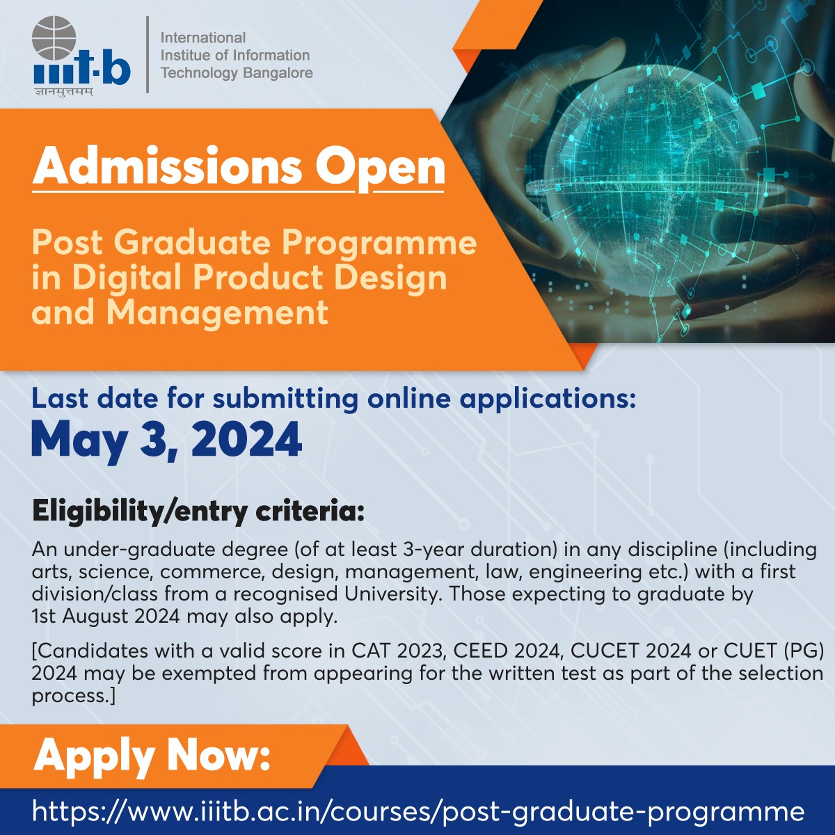 #AdmissionsOpen Post Graduate Programme in Digital Product Design and Management Last date for submitting online applications: May 3, 2024 Apply Now: iiitb.ac.in/courses/post-g… #IIITB #IIITBangalore #AdmissionsOpen #PGPDPDM