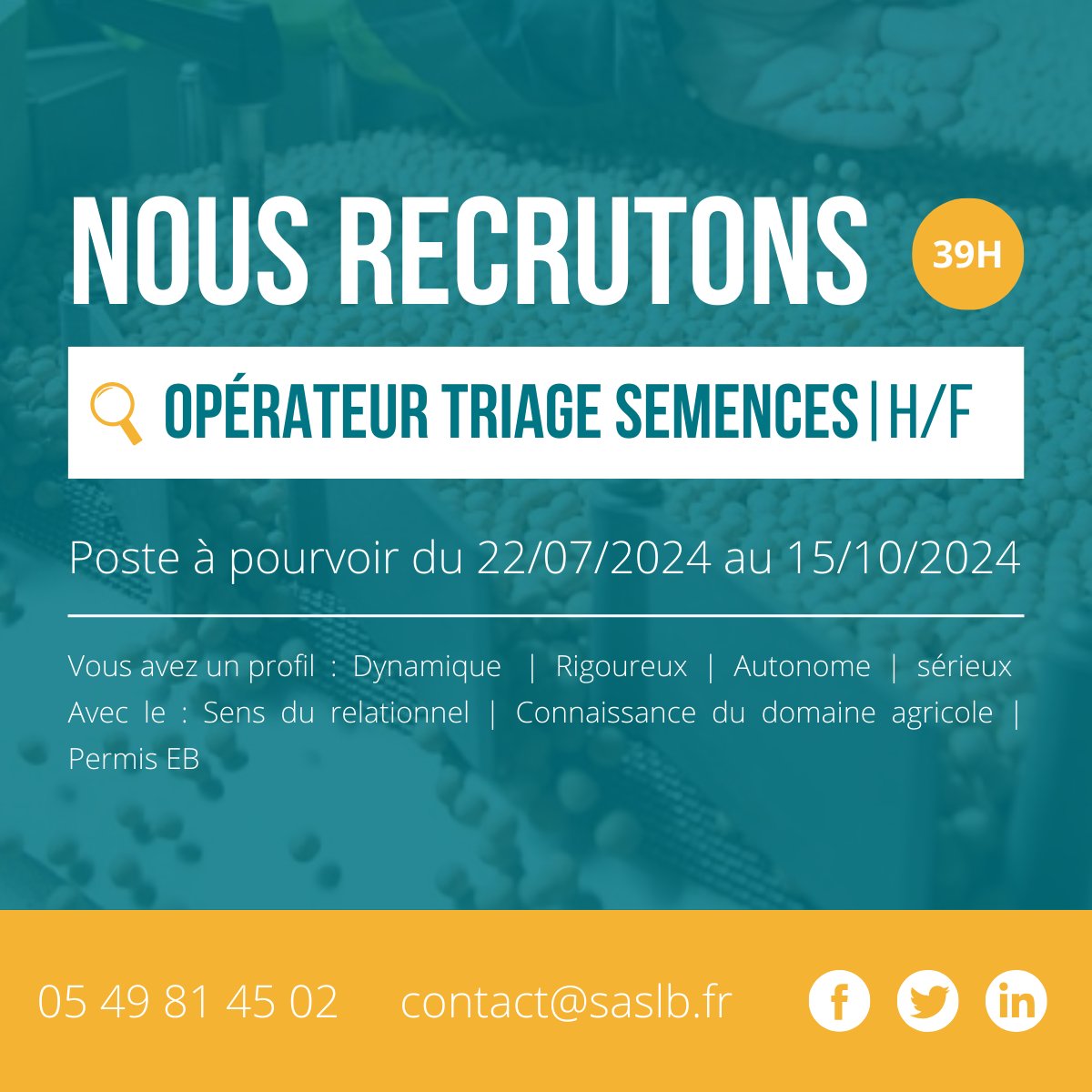 📣 NOUS RECRUTONS au poste d'OPÉRATEUR TRIAGE SEMENCES H/F | Le poste dépend du site de Mauléon.

▶ lamybienaime.fr/nous-rejoindre…

▶ Poste à pourvoir du 22/07/2024 au 15/10/2024