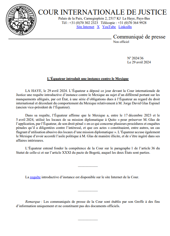 COMMUNIQUÉ: l’#Équateur a déposé hier devant la #CIJ une requête introductive d’instance contre le #Mexique au sujet des manquements allégués à une série d’obligations dues à l’Équateur au regard du droit international tinyurl.com/2tj6k7v9