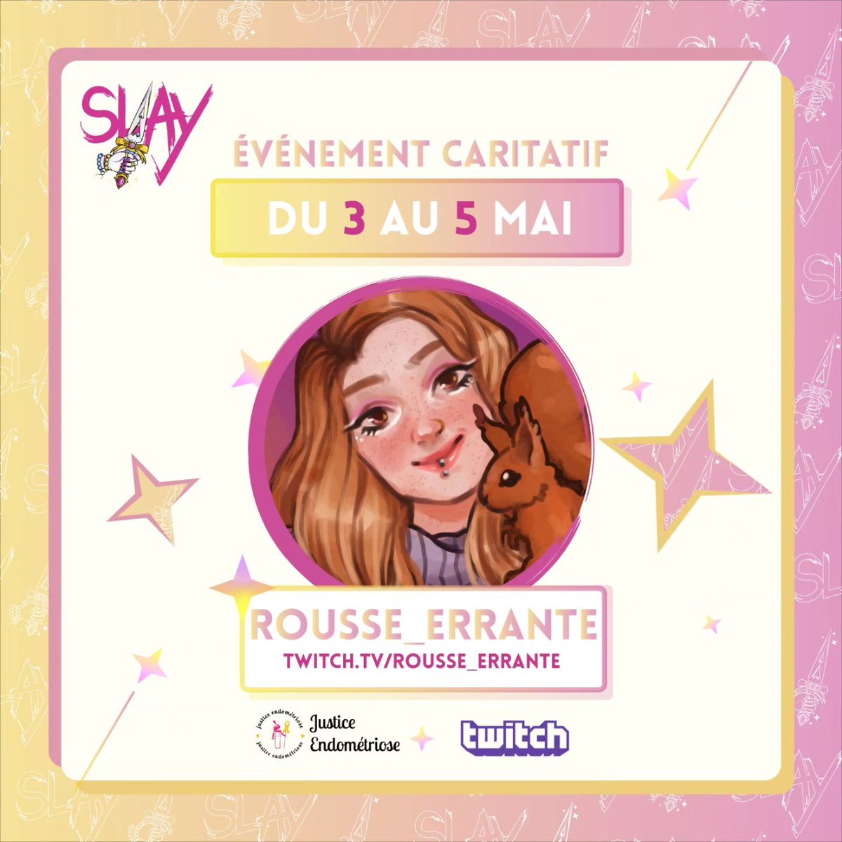 Jpp c'est si proche ! 🎗️💖🗡️ SLAY du 3 au 5 mai sur Twitch 💖🗡️🎗️ Une magnifique team va slay tout le weekend pour récolter des fonds pour @/justiceendo (insta) et ça va être incrrrrr Merci @SLAYevent @Eupho_riasis pour l'opportunité ! 💖🗡️🎗️