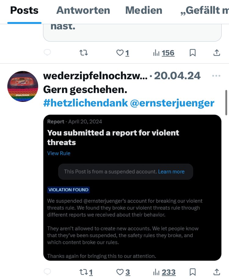 Einige von euch, scheinen es immer noch nicht mitbekommen zuhaben, wie es hier mit Accounts wie Ernter Jünger läuft, Es gibt hier Leute, die Andere gerne anschwärzen und es gibt Leute, die sich wie @wederzipfelnoc1 auch bekannt unter @Seuworst tierisch darüber freuen! So ist das