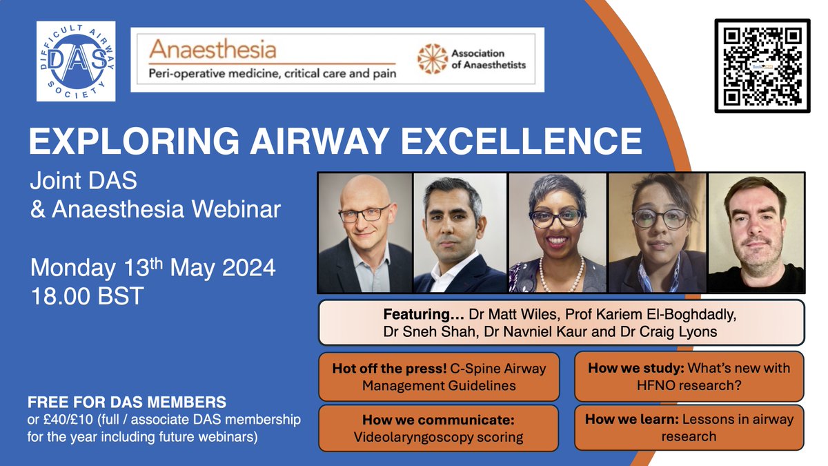 Exploring airway excellence👇 Join us on the 13th of May for a @dasairway webinar on top airway publications including: -New C-Spine Guidelines -VL scoring -HFNO research -Lessons in airway research @STHJournalClub @elboghdadly @dastrainees bookcpd.com/node/570