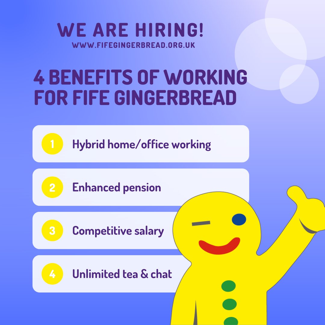 CLOSING DATE TOMORROW! Two great opportunities to support families across Fife and work with a great team! Here are some of the many reasons you'll love working for Fife Gingerbread. Apply via our website today!