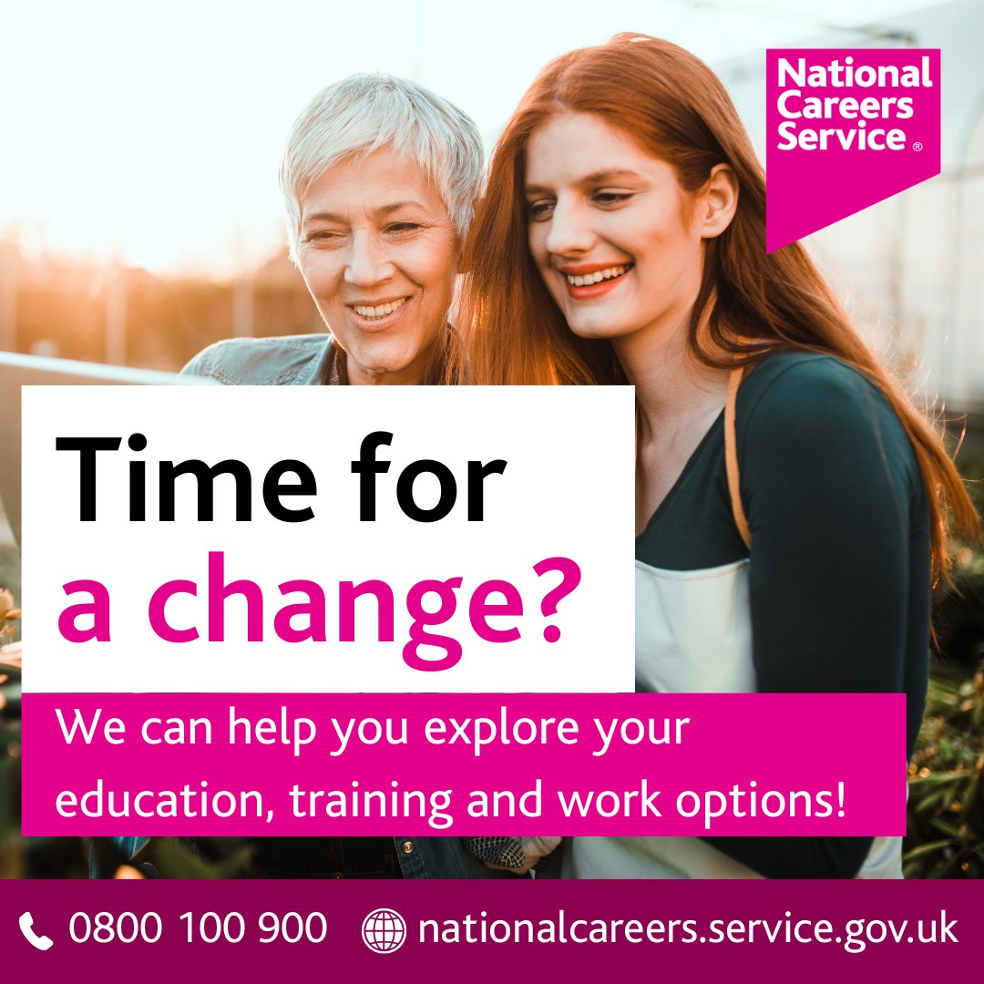 Time for a change? 

We can help you explore your education, training and work options!

Call 0800 100 900 to book an appointment to speak to a careers adviser or visit nationalcareers.service.gov.uk to find out more ways to contact us.

#AskNationalCareers #GIW24