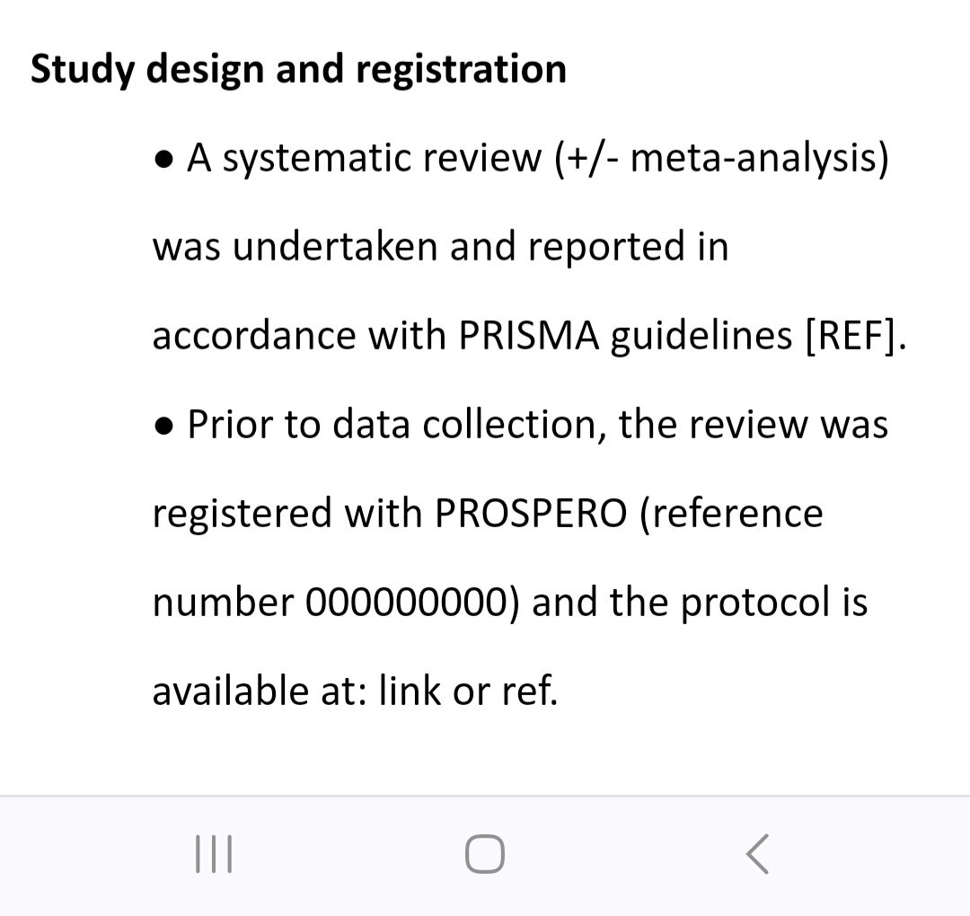 @davidnnaumann @HFrcs Editorial comments: 1) AMSTAR-2 checklist is useful - covers many of these points. 2) PRISMA is not a conduct guideline, only a reporting one. Conduct is carried out in accordance to the principles laid out in the appropriate Cochrane Handbook (interventions or diagnostic tests).