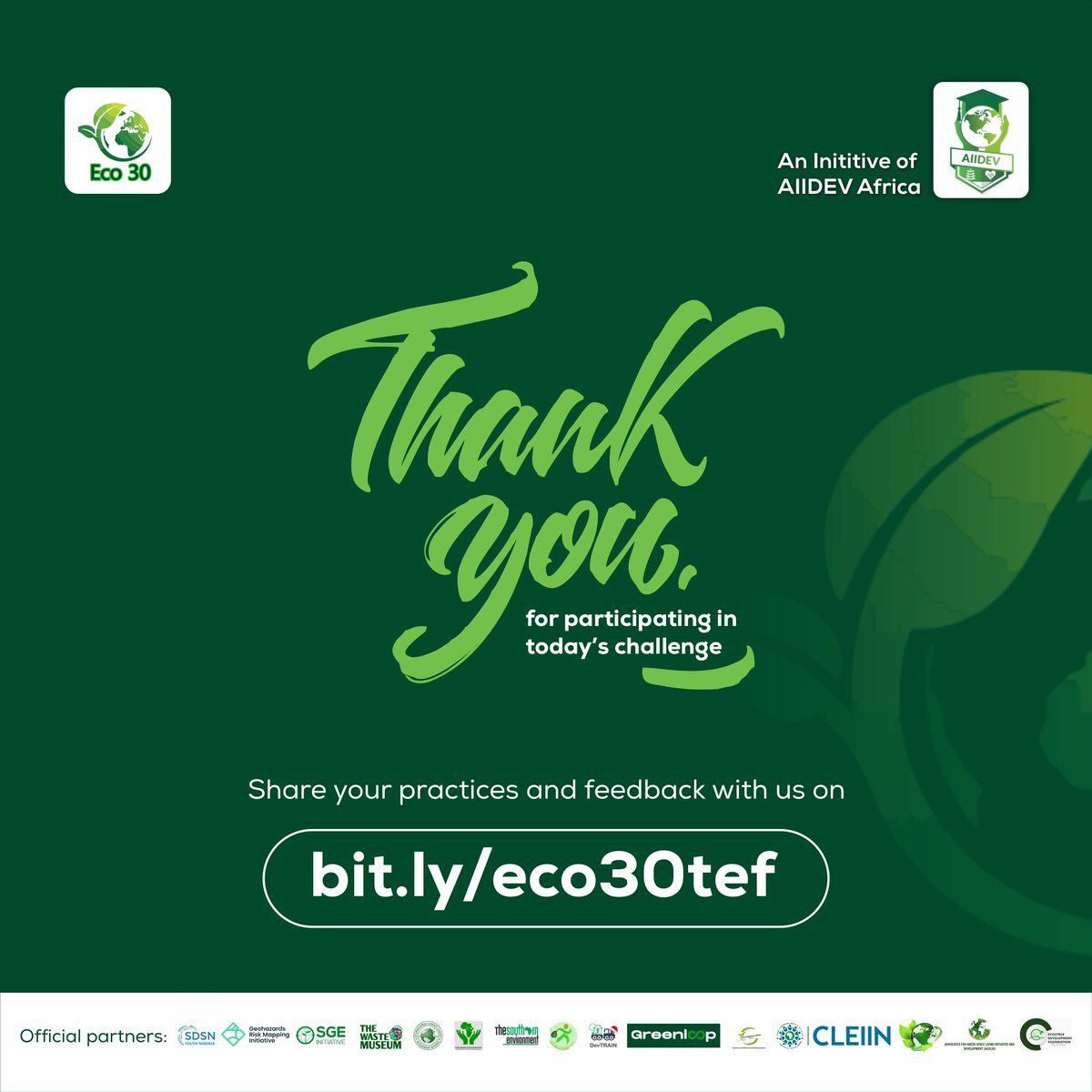 Share your experience on your social media platforms using the hashtag #ECO3Ochampions to inspire/encourage your network to be part of the solution💪🏽

#AIIDEV Africa #ECO30SustainableLivingChallenge2.0 #ECO30impact #ECO30Champions.