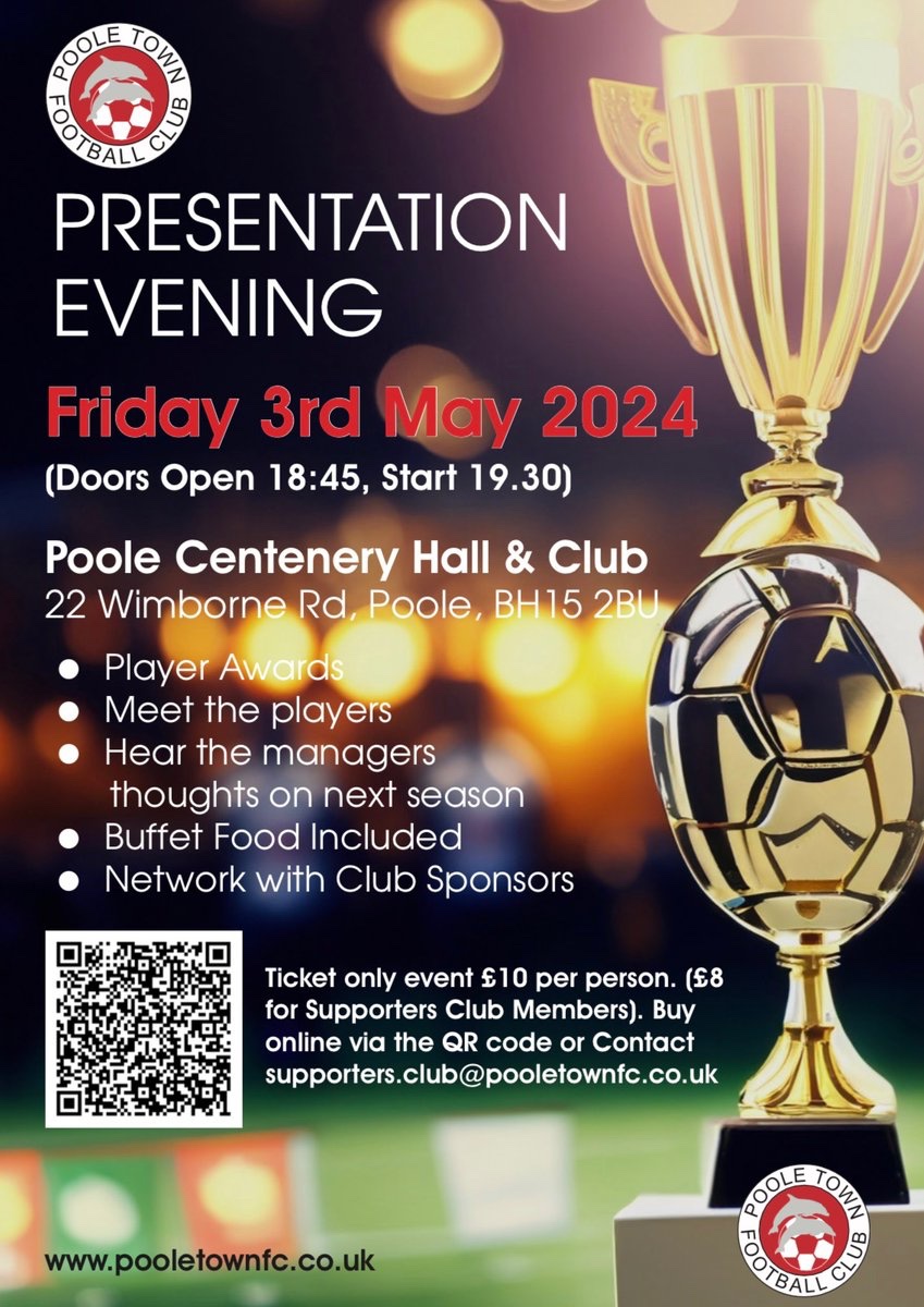 Poole Town FC Presentation Evening This Friday! Come and enjoy our presentation evening where there will be a live Q+A with manager Steve Tully so leave any questions you want asked in the comments below⬇️ Just £8 for supporter club members and £10 for all non-members with food