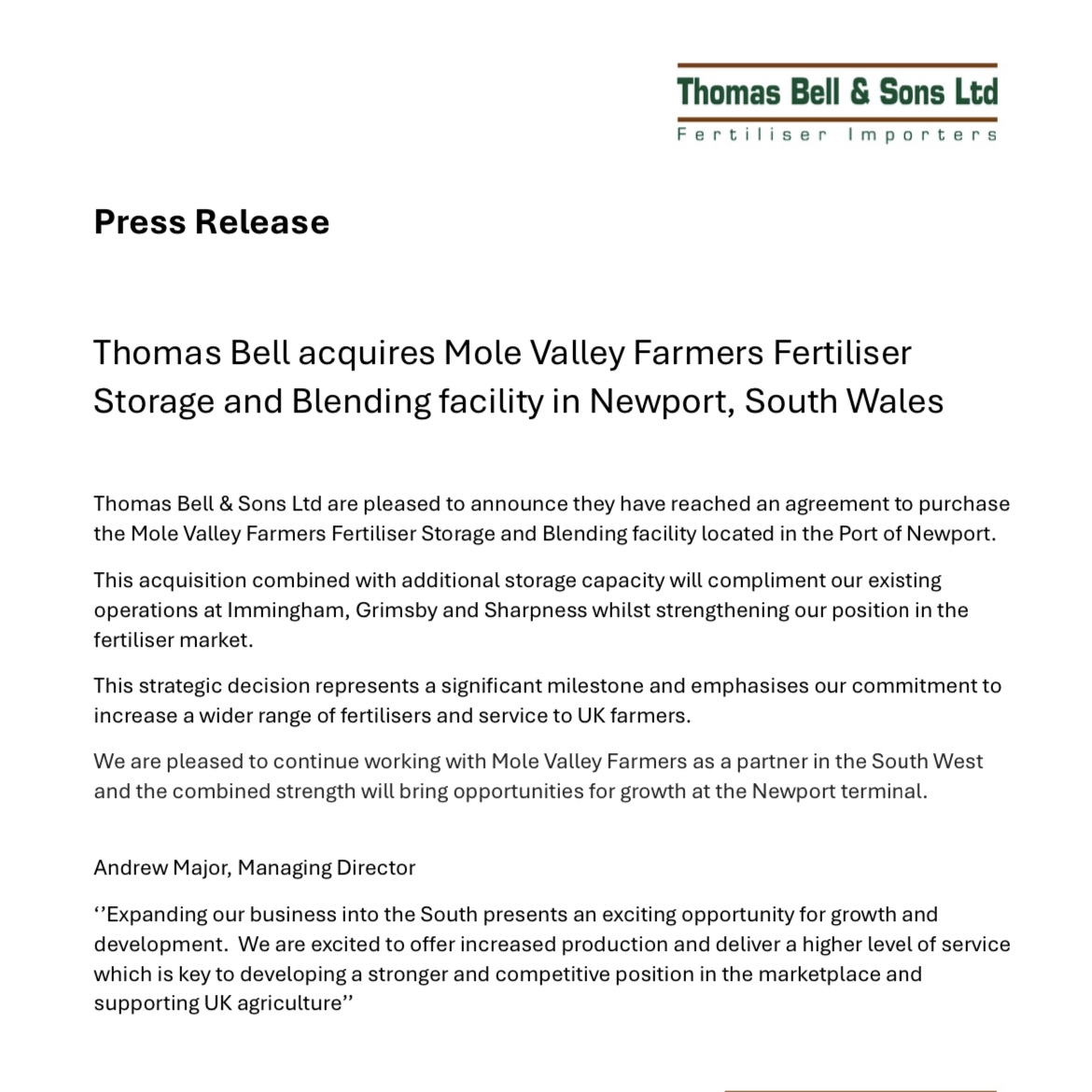 Press Release Thomas Bell acquires Mole Valley Farmers Fertiliser Storage and Blending facility in Newport, South Wales #fertiliser #agriculture #farming