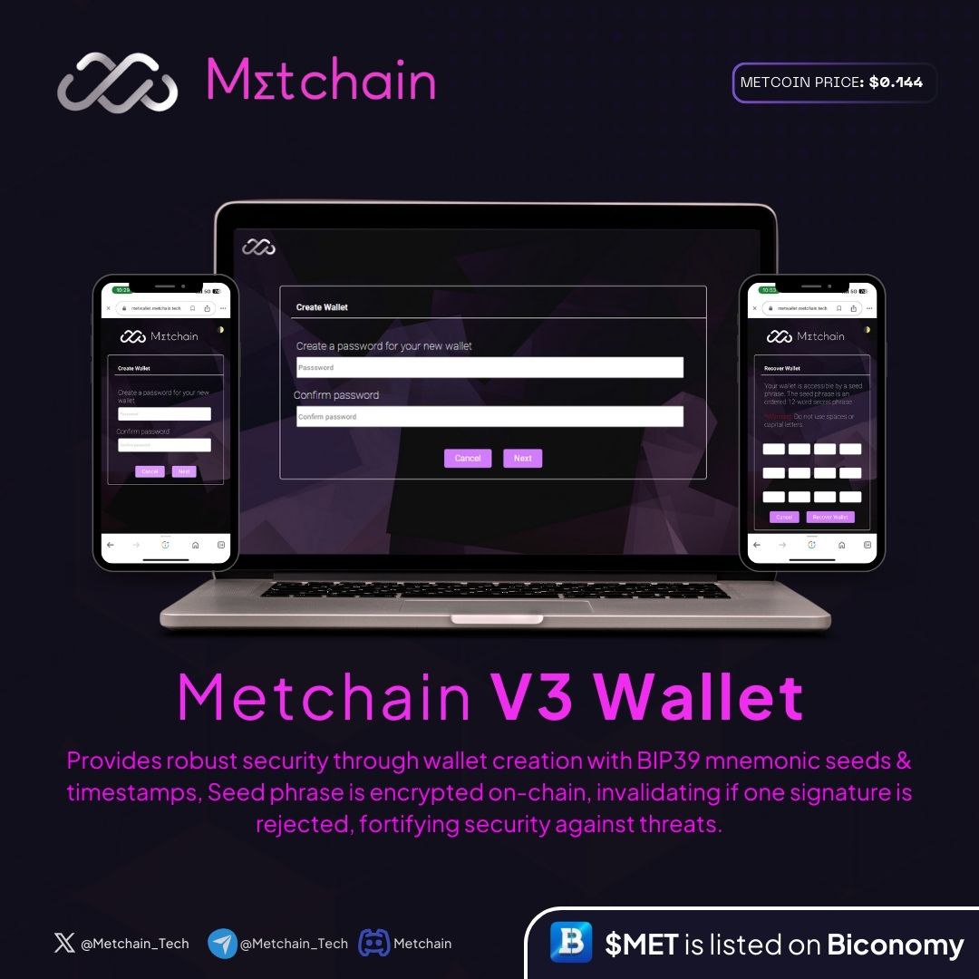 💰The Metchain V3 Wallet offers robust security through innovative wallet creation and private key generation.🔐 🕵️It uses BIP39 mnemonic seeds and incorporates timestamps for seed unpredictability. Seed phrase is encrypted on-chain, and it's stored in the next block mined,…