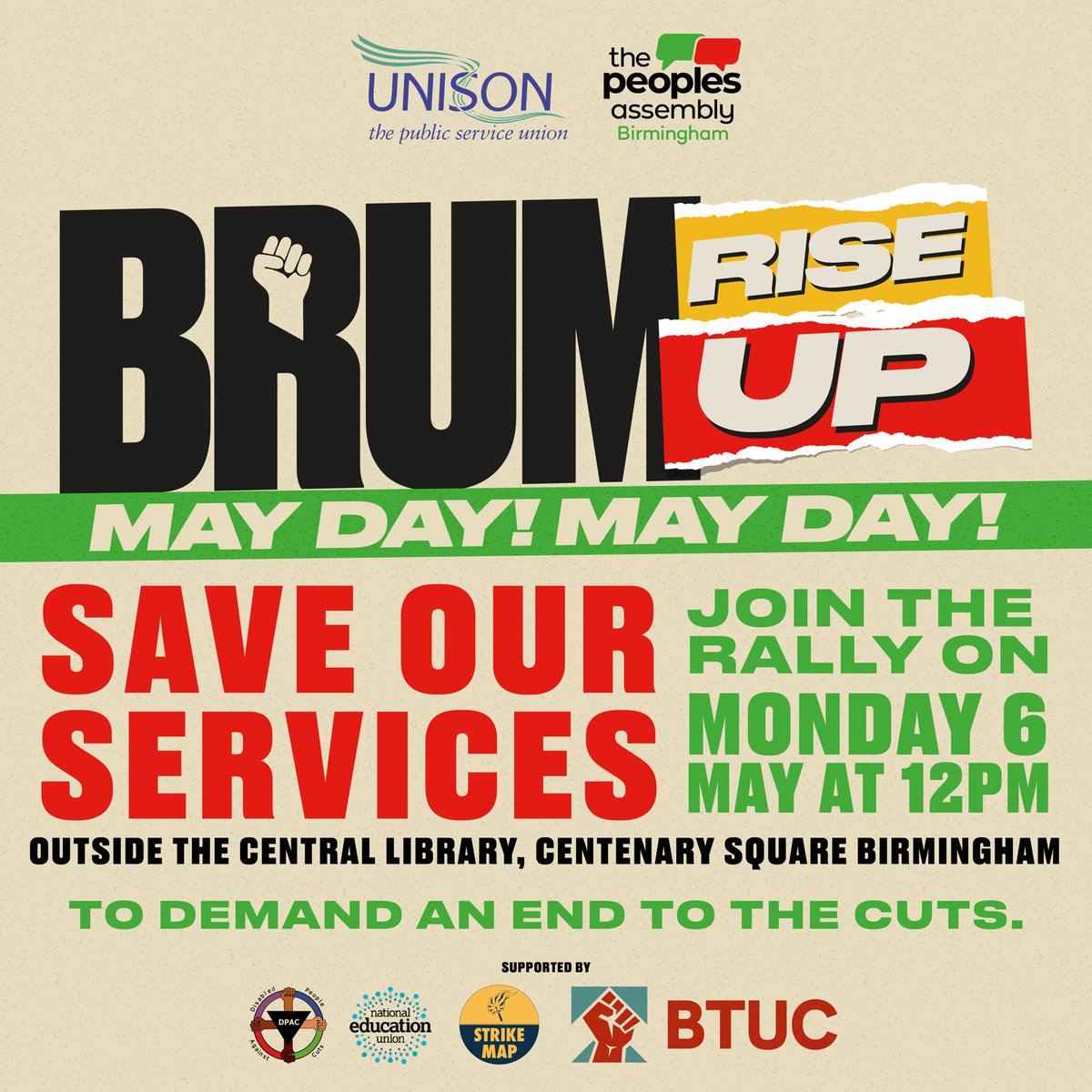 🚨Mayday Mayday! ✊

Brum Rise Up rally against Council cuts that threaten the community life of Birmingham

Join us 6th May Centenary Square 12pm to make some noise

#BrumRiseUp #BailOutBrum