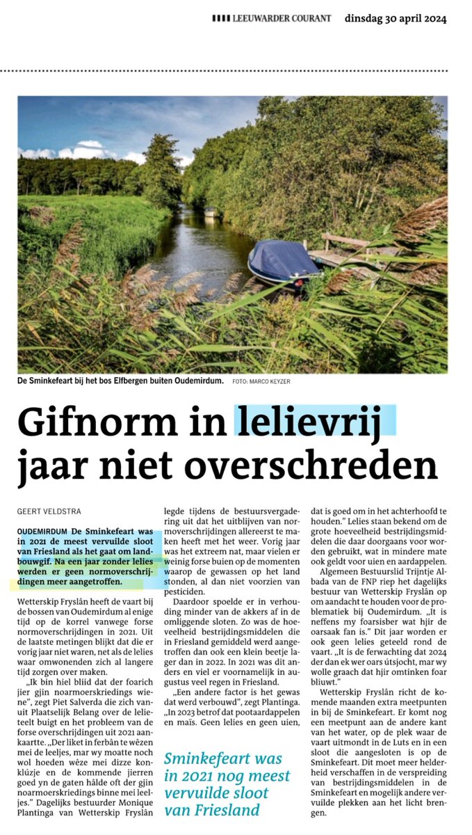 'OUDEMIRDUM: De Sminkefeart was in 2021 de meest vervuilde sloot van Friesland als het gaat om landbouwgif. ***Na een jaar **zonder** lelies werden er **geen** normoverschrijdingen meer aangetroffen.'

#lelieteelt
#gif
#landbouwgif

⤵️