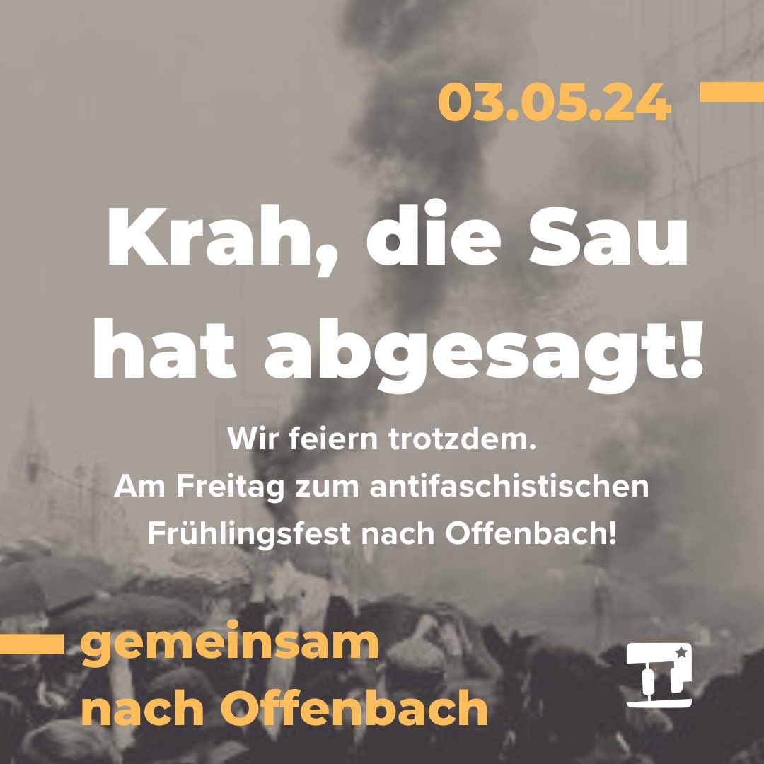 Wegen anhaltender Skandale, haben #Krah und seine Nazifreunde von der #noAfD ihren EU-Wahlkampfauftakt in Hessen abgesagt. Das ist ein Grund zum feiern! Die Gegenkundgebung in Offenbach wird zum antifaschistischen Frühlingsfest!