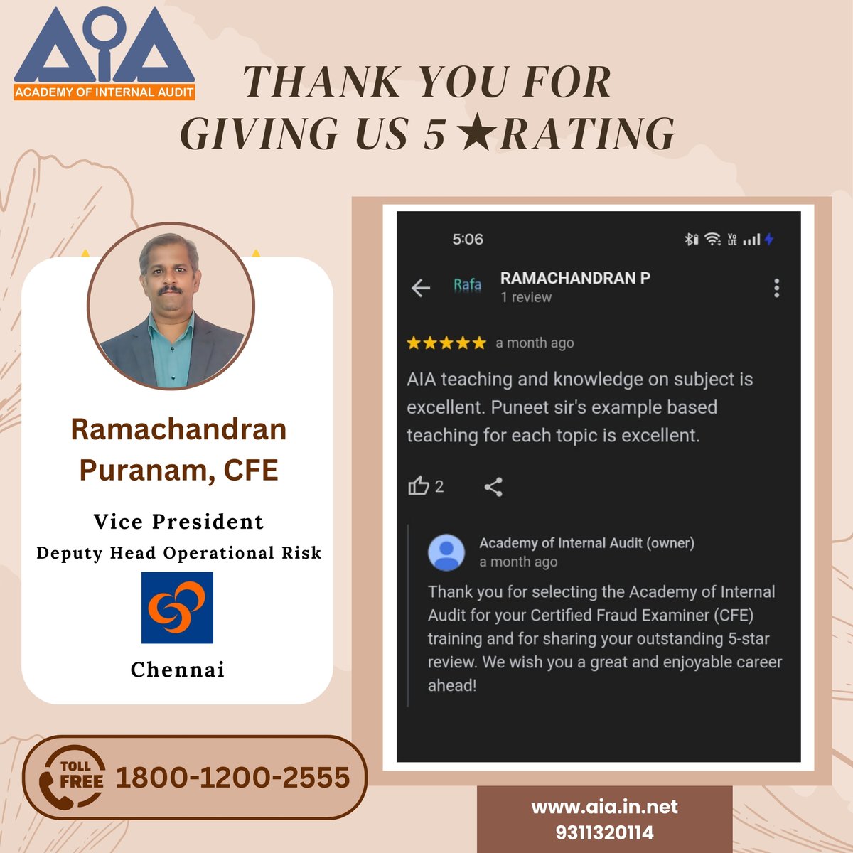 Thank you to Dr Ramachandran Puranam, CFE, 🙌 for providing an outstanding review and awarding a 5-star rating🌟We truly appreciate your valuable feedback 😊

Check it: g.co/kgs/UctTuux

#CFE #certifiedfraudexaminer #ACFE #CIA #CAMS  #feedback #rating #thankful