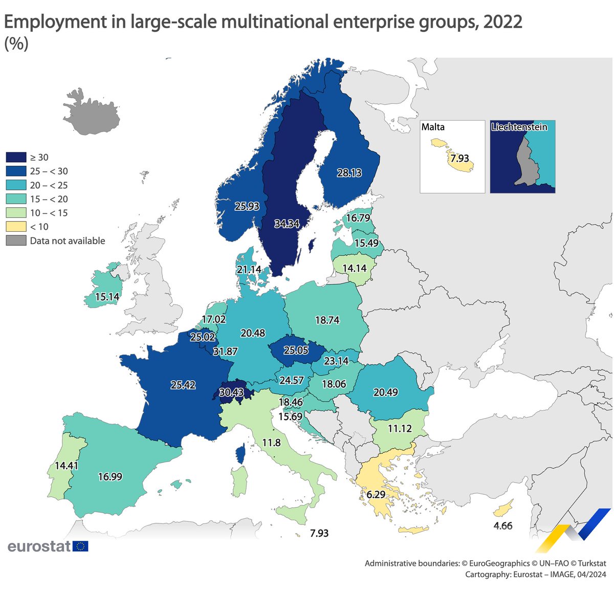 In 2022, the highest shares of people working with large-scale multinational enterprise groups in the EU were in: 🇸🇪Sweden (34.3% of total employment) 🇱🇺Luxembourg (31.9%) 🇫🇮Finland (28.1%) Lowest: 🇨🇾Cyprus (4.7%) 🇬🇷Greece (6.3%) 🇲🇹Malta (7.9%) 👉europa.eu/!9vTHGT