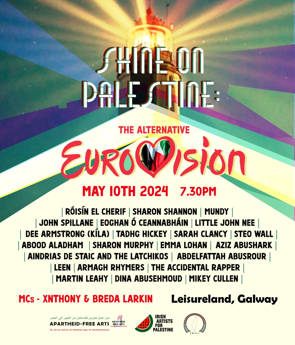 ✨ Tickets on sale! ✨ Join us for Shine on Palestine: The Alternative Eurovision event uniting Irish artists in solidarity with Palestine. Hosted by @PantiBliss @bredalarkin & myself. 🗓️ 10th May 📍 Leisureland, Galway + Axis, Ballymun, Dublin 🔗 Ticks in bio