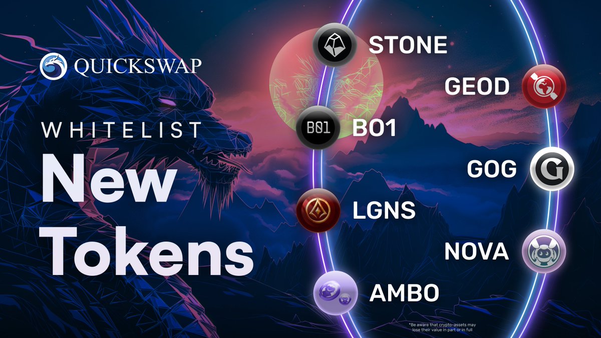 $STONE $GOG $LGNS $AMBO $GEOD $NOVA and B01 are now officially whitelisted on QuickSwap! ☑️ Users can access each of these coins directly from the token list across Polygon PoS, Immutable zkEVM, and Manta Pacific. More Polygon community projects are making their way into the