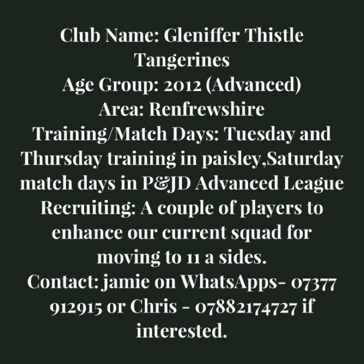 Looking for a couple of defensive minded players to enhance or current squad moving to 11s. If interested in coming along drop me a wee message. Great group of boys.