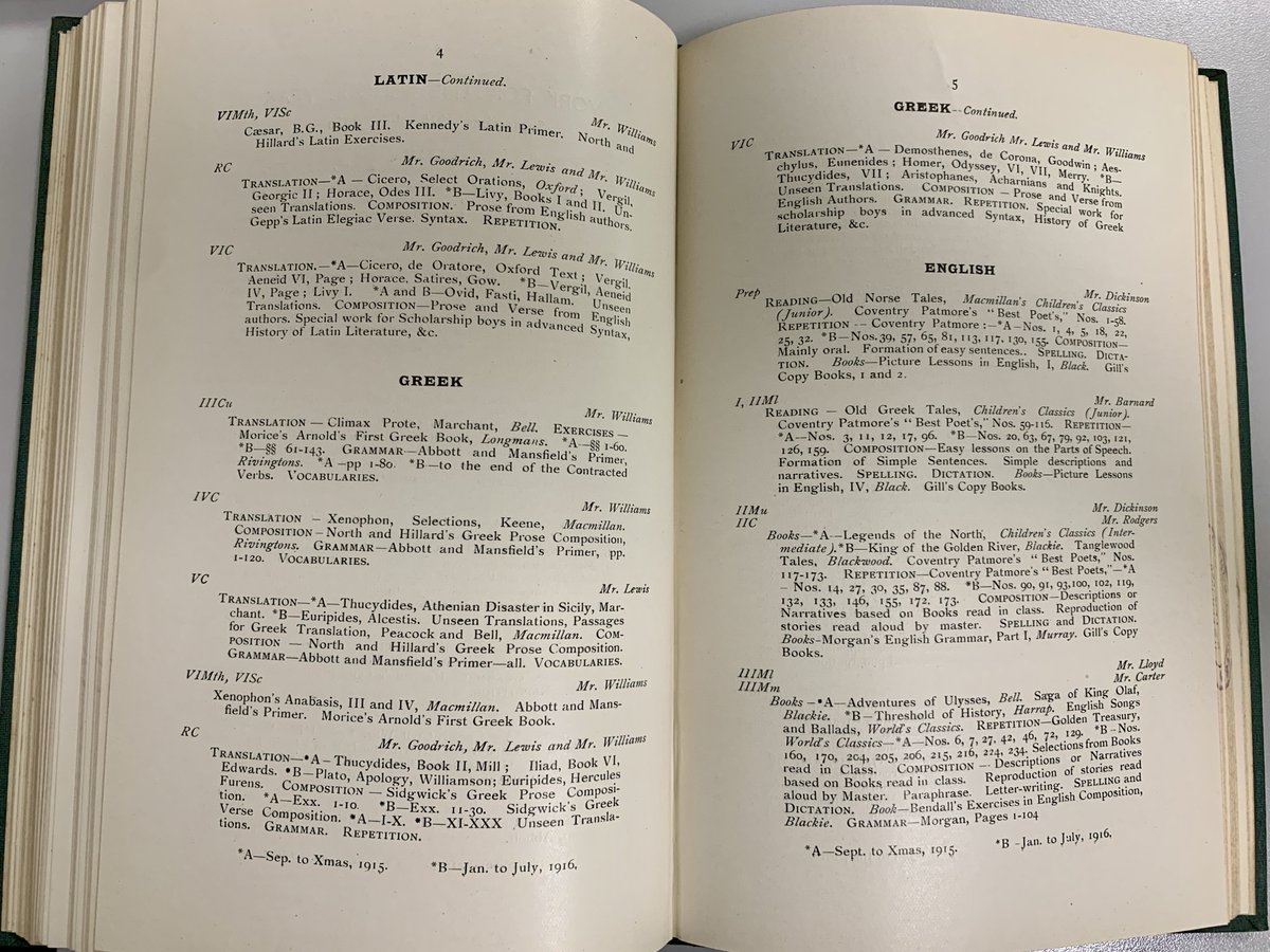 Interesting find in the @BradfordGrammar archive - the entire BGS curriculum from 1905-1923! Lots of tricky Latin & Greek translations on the timetable, as well as accounting lessons...📚🧮 #bgsfamily #history #oldbradfordians