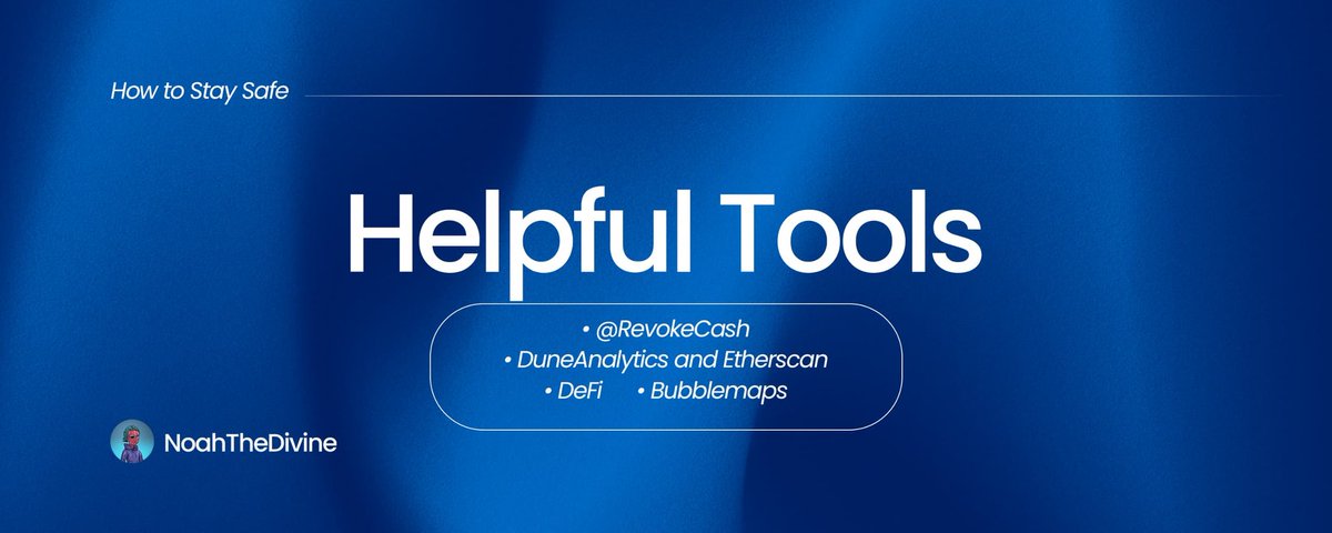 🔒 Helpful Tools

Lastly, before I wrap up, here are some tools that could help you boost your security👇

• @RevokeCash - to revoke contracts
• @DuneAnalytics & @etherscan - to verify contracts
• @DeFi  - Wallet scanner & antivirus
• @bubblemaps - Verify token distribution