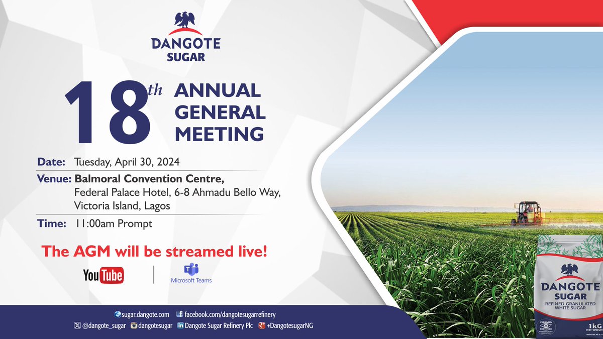 HAPPENING NOW: Dangote Sugar 18th Annual General Meeting Watch live! youtube.com/watch?v=k3Cl3w…