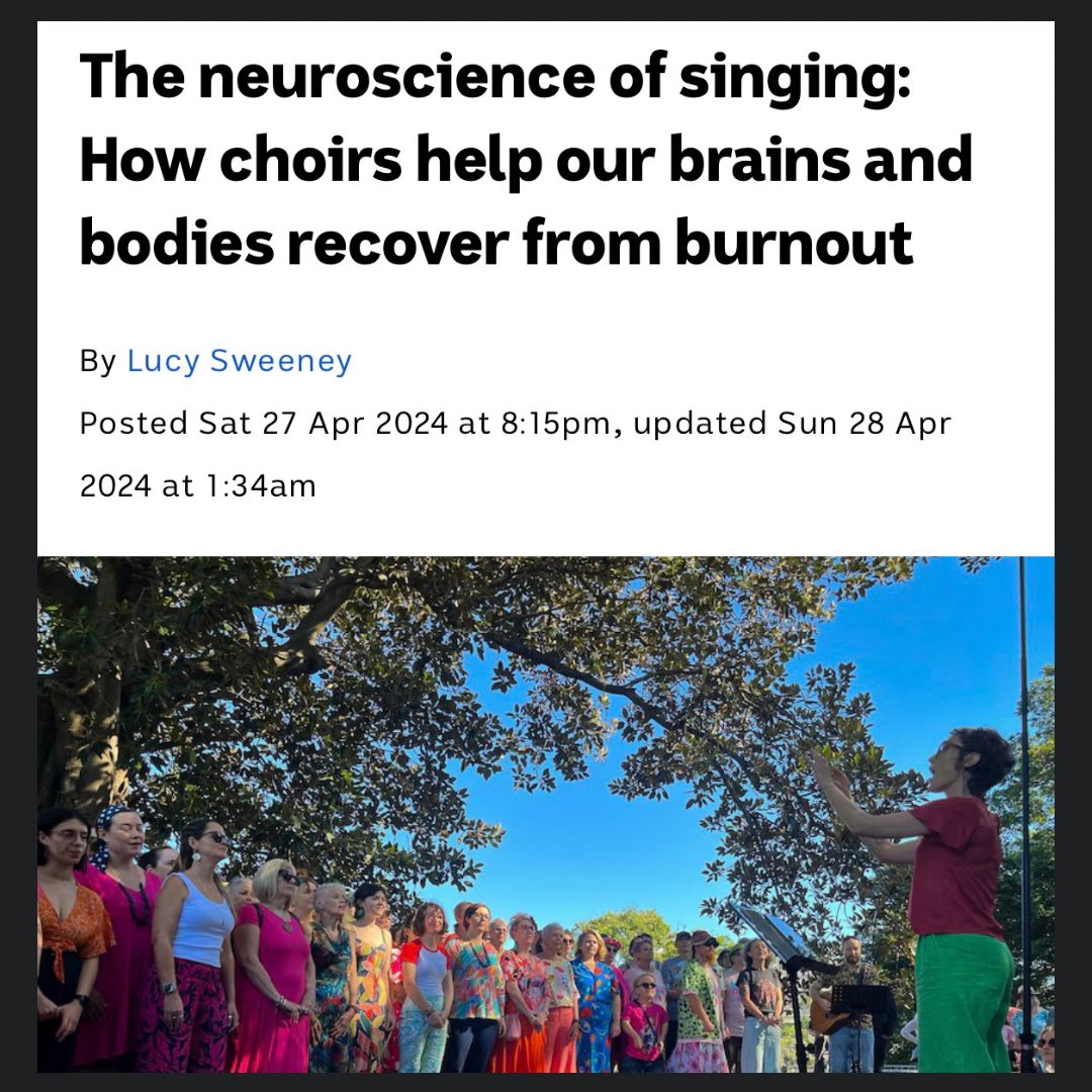 Wonderful to see the coverage given to the health, social and emotional benefits of group singing in this detailed article from @abcnews @StephenClift @Genevieve132 @AbiSinging @artsinhealthUS @ICCMYSJ @SoundHealthNet @ArtsHealthECRN @SingWellProject abc.net.au/news/2024-04-2…