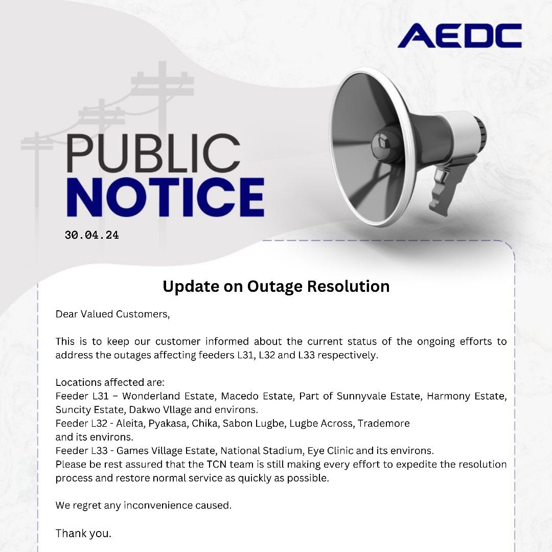 Dear Customers, This is for your information. #AEDC #Abujadisco #PowerofCommitment