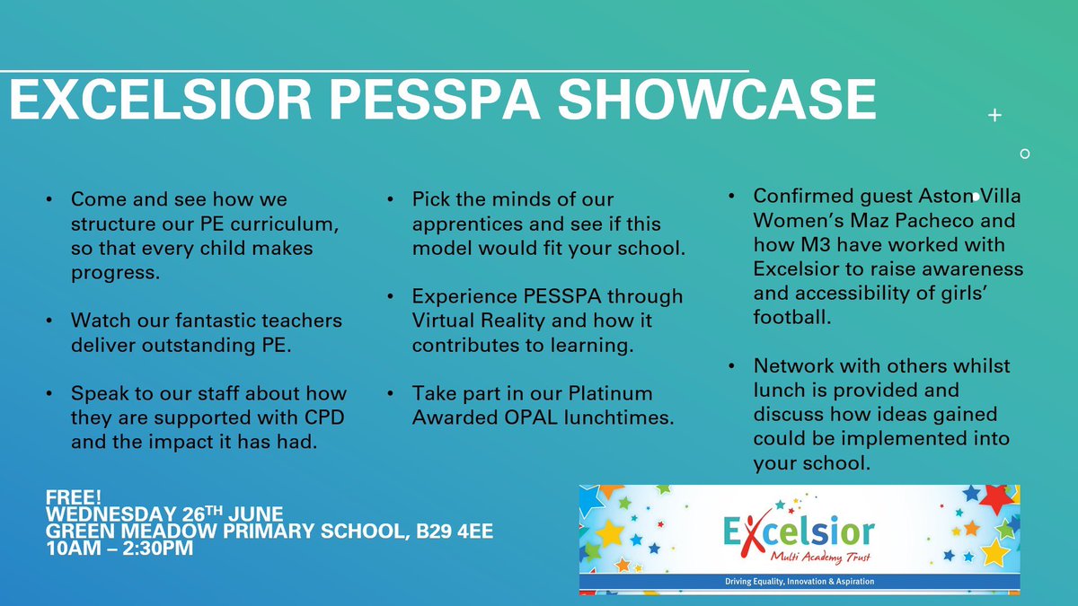 Mr. Latham (@mrlathampe) on Twitter photo Back for 2024! The <a href="/ExcelsiorMAT/">ExcelsiorMAT</a> #PESSPA Showcase! 26th June 🗓️
Book your FREE place now by emailing j.latham@excelsiormat.org or send me a direct message 🗣️
<a href="/CPSGO/">Hannah Reed- SGO, Sports Co-ordinator, PhD Student</a> <a href="/BCSGO/">Bishop Challoner SGO</a> <a href="/WestheathSGO/">West Heath SGO- Tom Angell</a> <a href="/BournvilleSGO/">BournvilleSGO - Gemma Taylor-Whitehead</a> <a href="/CliftonSGO/">CliftonSGO</a> <a href="/IlsleySGO/">Ilsley SGO</a> <a href="/KESSPB/">KESSP.COM</a> <a href="/SportBirmingham/">Sport Birmingham</a> <a href="/AspireSportsUK/">Aspire Active Education</a> <a href="/MazPacheco/">Maz Pacheco.</a> Back for 2024! The <a href="/ExcelsiorMAT/">ExcelsiorMAT</a> #PESSPA Showcase! 26th June 🗓️
Book your FREE place now by emailing j.latham@excelsiormat.org or send me a direct message 🗣️
<a href="/CPSGO/">Hannah Reed- SGO, Sports Co-ordinator, PhD Student</a> <a href="/BCSGO/">Bishop Challoner SGO</a> <a href="/WestheathSGO/">West Heath SGO- Tom Angell</a> <a href="/BournvilleSGO/">BournvilleSGO - Gemma Taylor-Whitehead</a> <a href="/CliftonSGO/">CliftonSGO</a> <a href="/IlsleySGO/">Ilsley SGO</a> <a href="/KESSPB/">KESSP.COM</a> <a href="/SportBirmingham/">Sport Birmingham</a> <a href="/AspireSportsUK/">Aspire Active Education</a> <a href="/MazPacheco/">Maz Pacheco.</a>