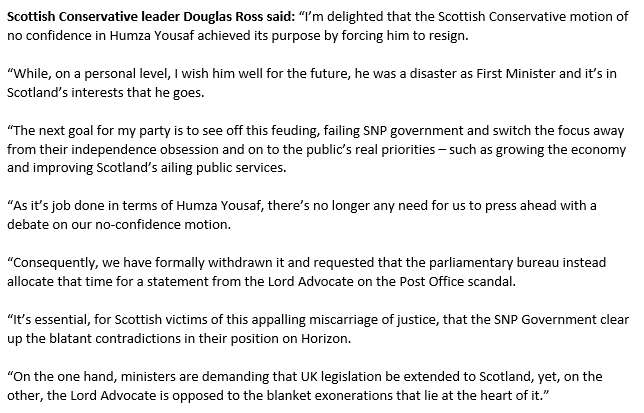 The Scottish Conservatives have dropped plans for a vote of no confidence in Humza Yousaf's leadership - saying it's 'job done' after his resignation yesterday.