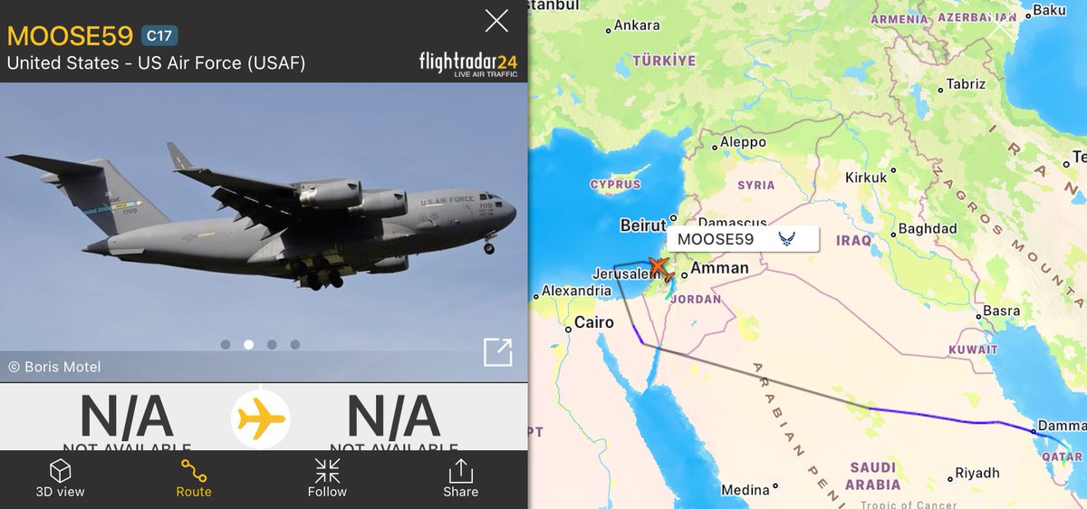 U.S. Military Equipment delivery to Nevatim Air Base 🇮🇱 from Al Udeid Air Base 🇶🇦

✈️ C-17 'MOOSE59' reg. 07-7170