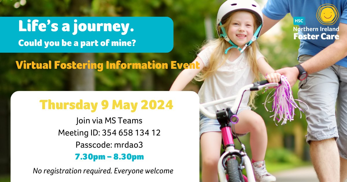 The last of our Life’s A Journey fostering info events is on tomorrow. Drop in and hear more about #fostering. 💻Virtual Fostering Info Event 📅Thur 9 May 🕢7.30-8.30pm Join via MS Teams: Meeting ID: 354 658 134 12 Passcode: mrdao3 Everyone welcome @WesternHSCTrust