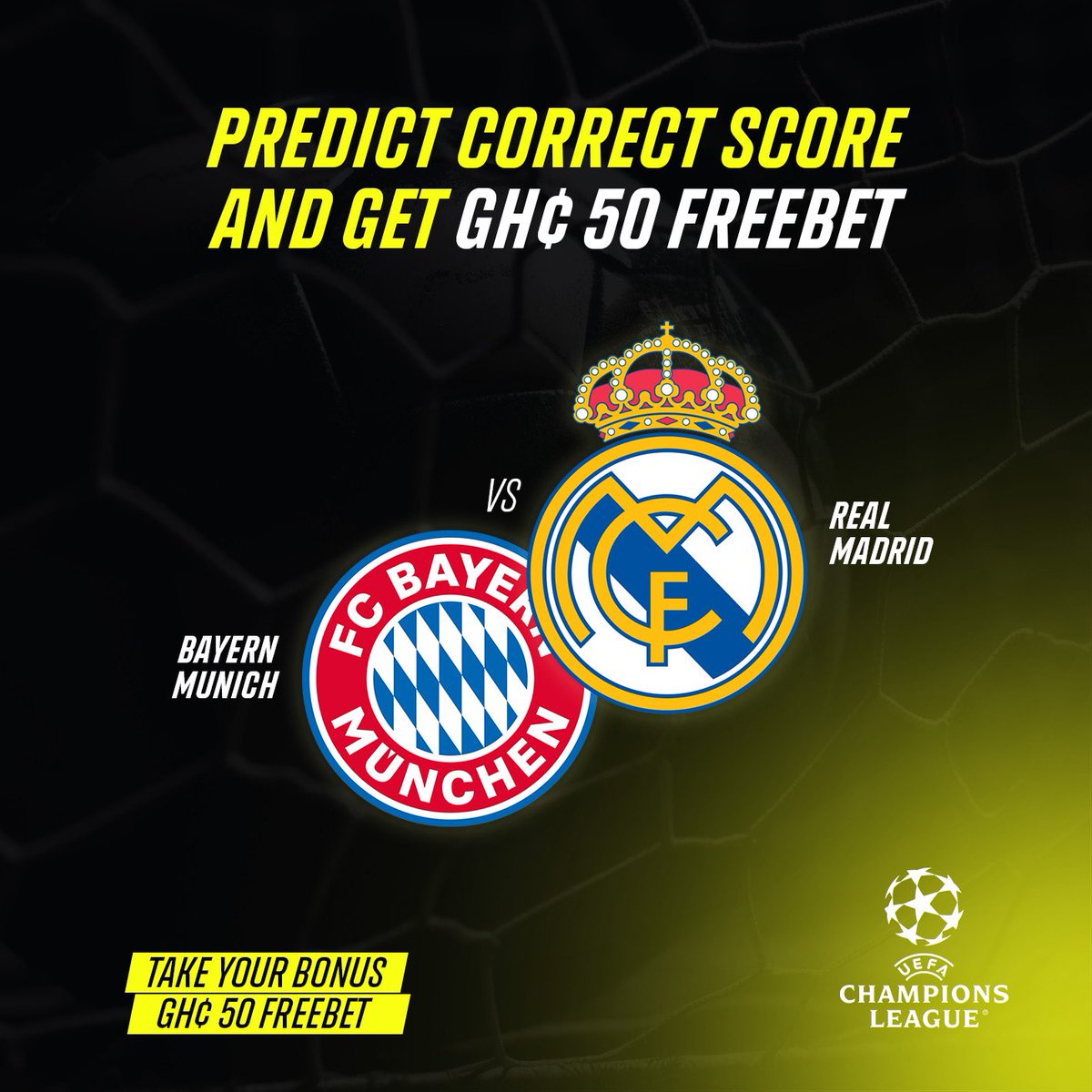 Champions league offer: 🎁🤑Guess the correct score and win a free ¢50 bet! Get ready to test your prediction skills and claim your reward.

Play now 👉 parimatch.com.gh/en/events/baye…

#freebet #offers #parimatchghana #liveodds #boostedodds