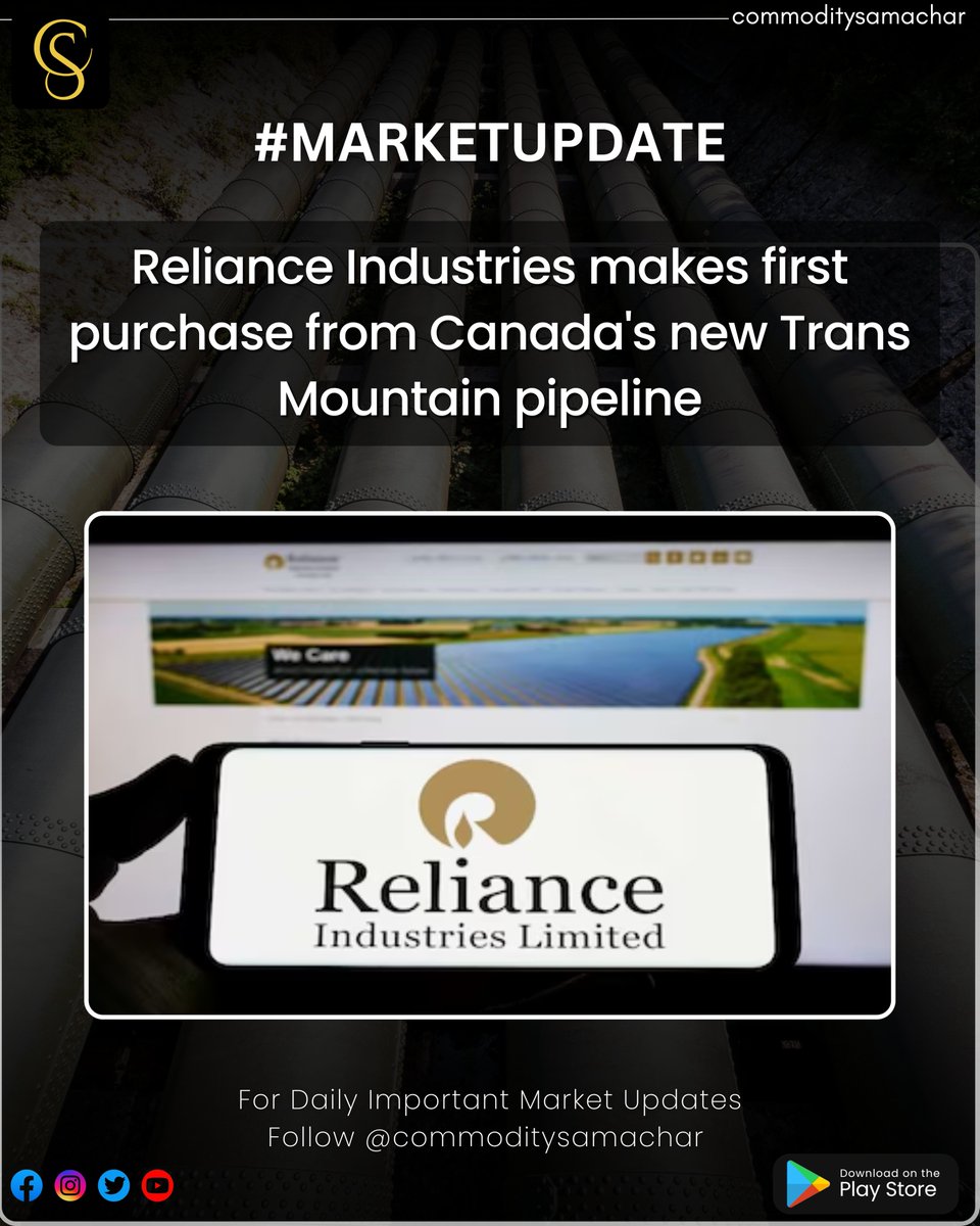 Reliance Industries has made its first oil purchase from Canada's new Trans Mountain pipeline, acquiring 2 million barrels of Canadian crude from Shell for delivery in July. 

#reliance #relianceindustries #transmountainpipeline #marketupdate #marketnews