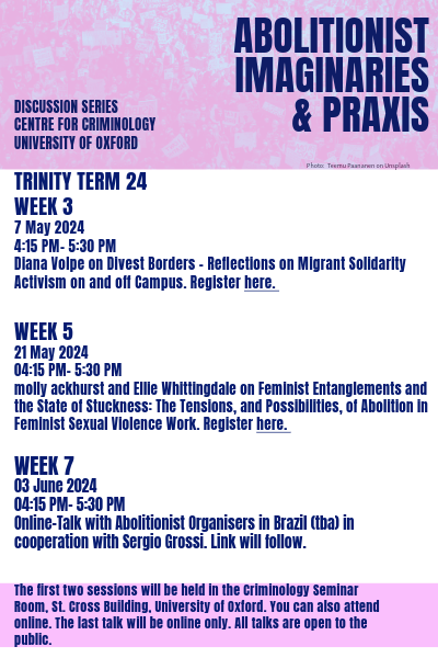 Join us for three exciting talks! Next week, @dianavolpe_ will speak on migrant solidarity activism and in 3 weeks @MollyRoseBell and Ellie Whittingdale will speak on Abolition and Sexual Violence work. Stay tuned for the 3. event in collaboration w @sergiogrossi17 ! Links below.