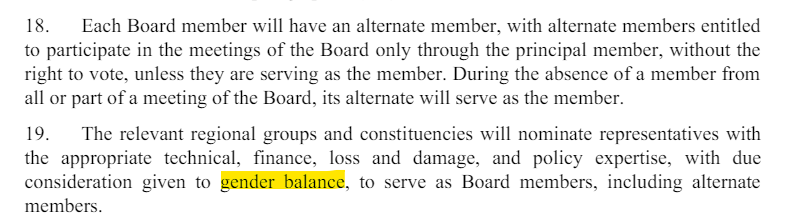 ❗️Despite a commitment to #GenderBalance in its Governing Instrument - the #LossAndDamage Fund Board consists of 68% men, and just elected two male co-chairs ❗️