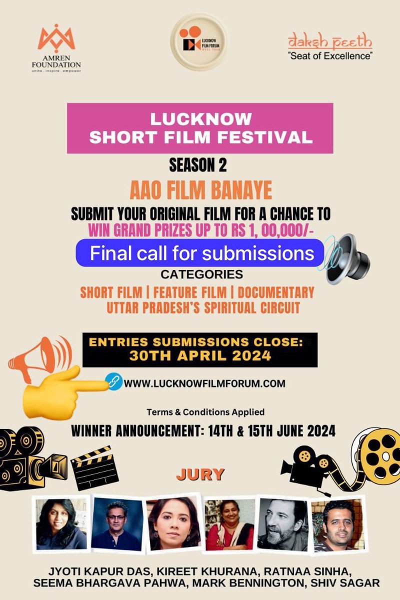 Final call for submissions: lucknowfilmforum.com <a href="/smritiirani/">Smriti Z Irani</a> <a href="/RitaBJoshi/">Prof. Rita Bahuguna Joshi</a> <a href="/ianuragthakur/">Anurag Thakur</a> <a href="/AnupamPKher/">Anupam Kher</a> <a href="/shreyaghoshal/">Shreya Ghoshal</a> <a href="/jkd18/">Jyoti Kapur Das 🇮🇳</a> <a href="/dirtigmanshu/">Tigmanshu Dhulia</a> <a href="/Kireetk/">Kireet Khurana</a> <a href="/ShekharGupta/">Shekhar Gupta</a> <a href="/TOIIndiaNews/">TOI India</a> <a href="/navneetsehgal3/">Navneet Sehgal</a> <a href="/AwasthiAwanishK/">Awanish K Awasthi</a>