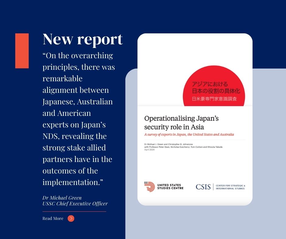 NEW REPORT | Operationalising Japan's security role in Asia @USSC and @CSIS have just released the findings of their survey of experts in Japan, Australia and the United States to assess the progress and priorities of Japan's new National Defense Strategy. ussc.edu.au/operationalisi…
